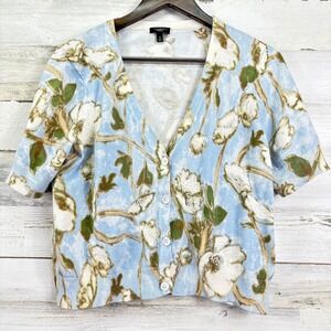 Talbots Floral Light Blue Beaded Short Sleeve V Neck Cardigan Sweater XLP
